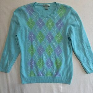 Geneva Cashmere Argyle Aqua Sweater Y2K Preppy Pastel Knit Large